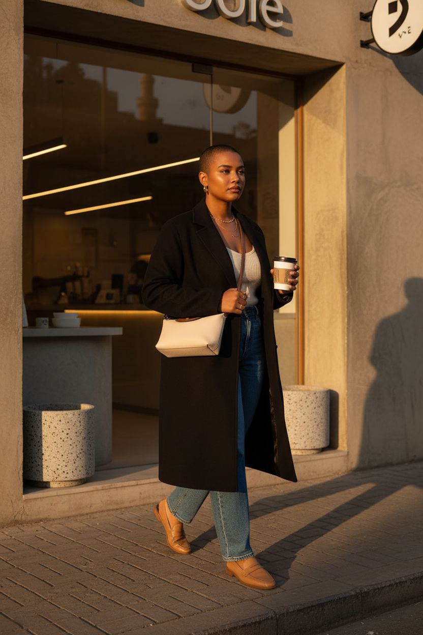 VesaNa Yoolo off-white quilted crossbody bag styled with black coat on a sunny sidewalk