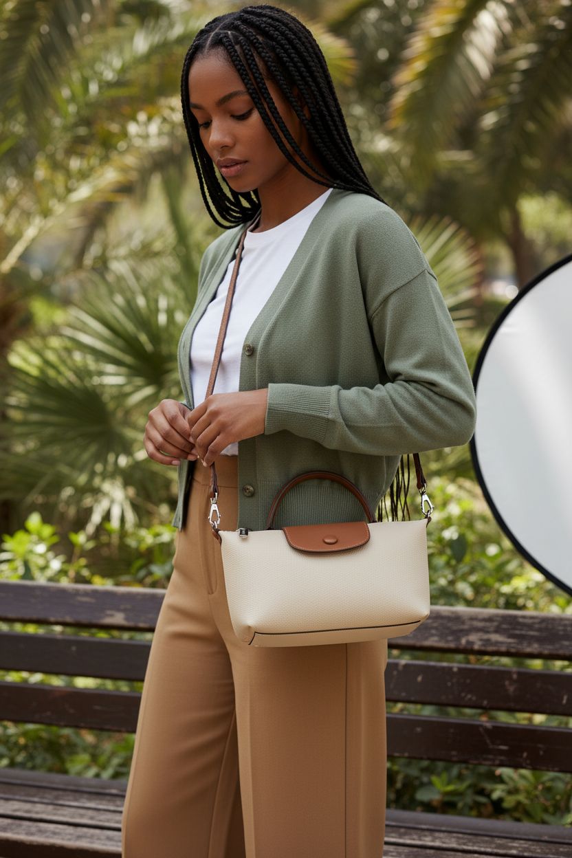 VesaNa Yoolo off-white crossbody bag paired with sage cardigan in a park setting