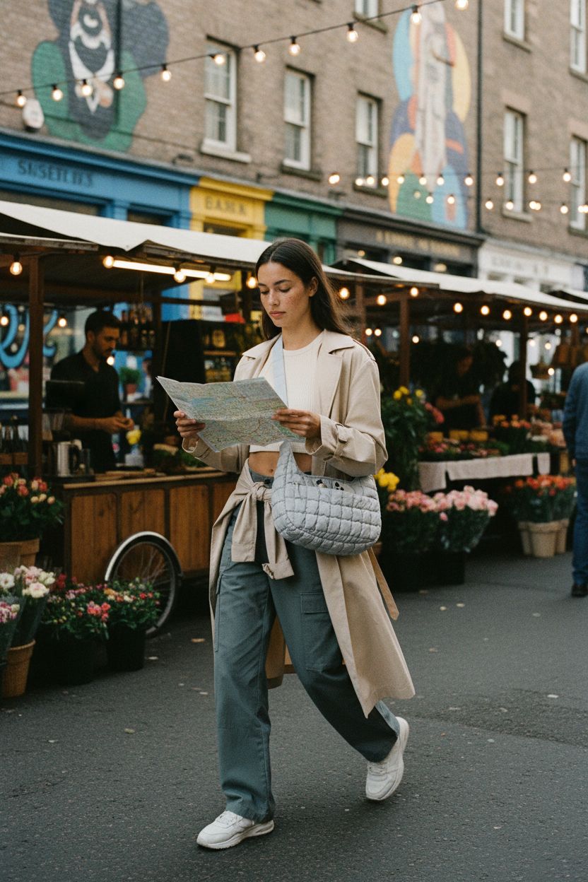 BAGSMART Quilted Crossbody Bag in a sunlit market, showcasing trendy design and soft material.