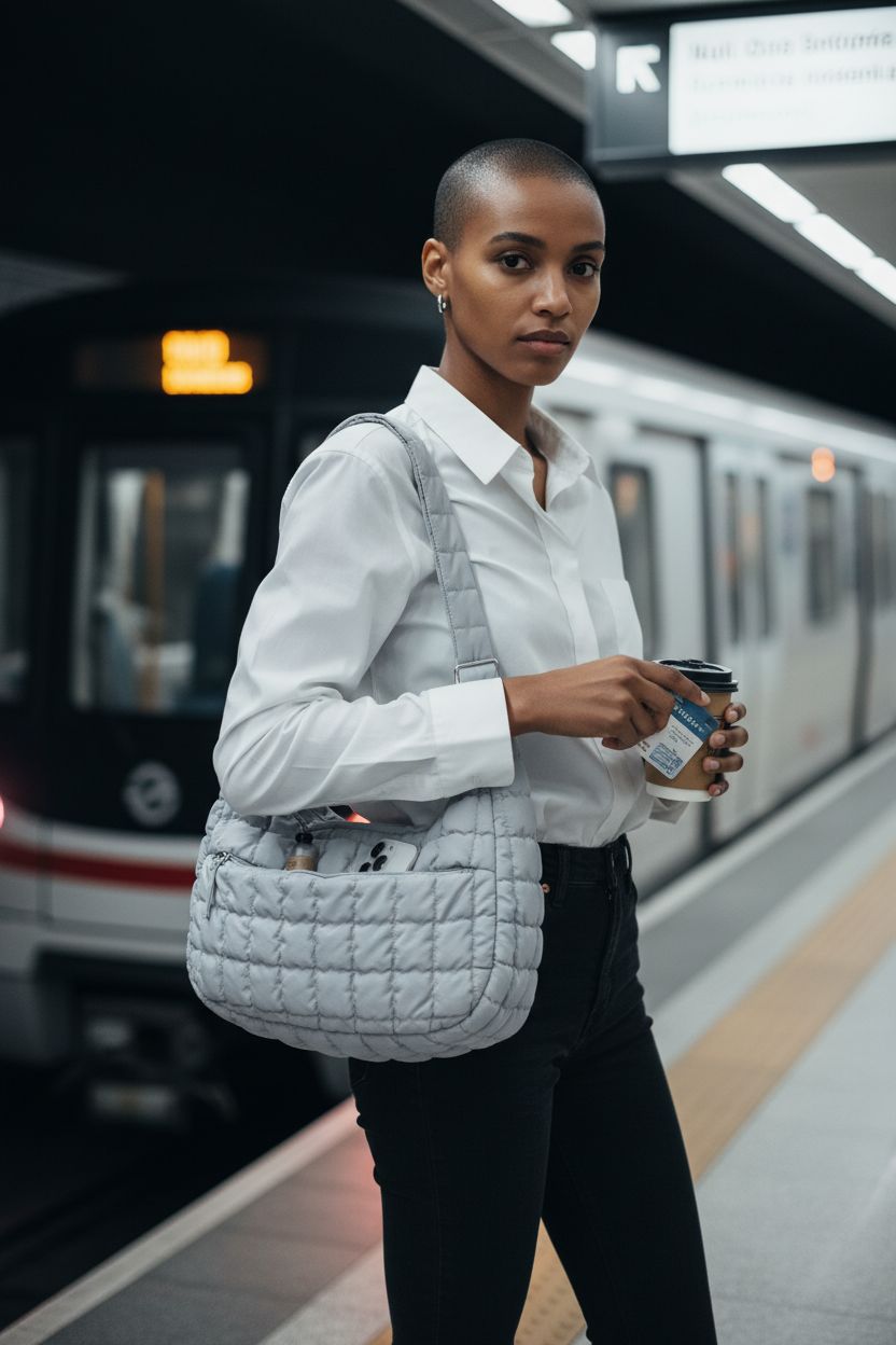 BAGSMART Puffy Hobo Purse displayed on a subway platform, highlighting its quilted texture and functionality.