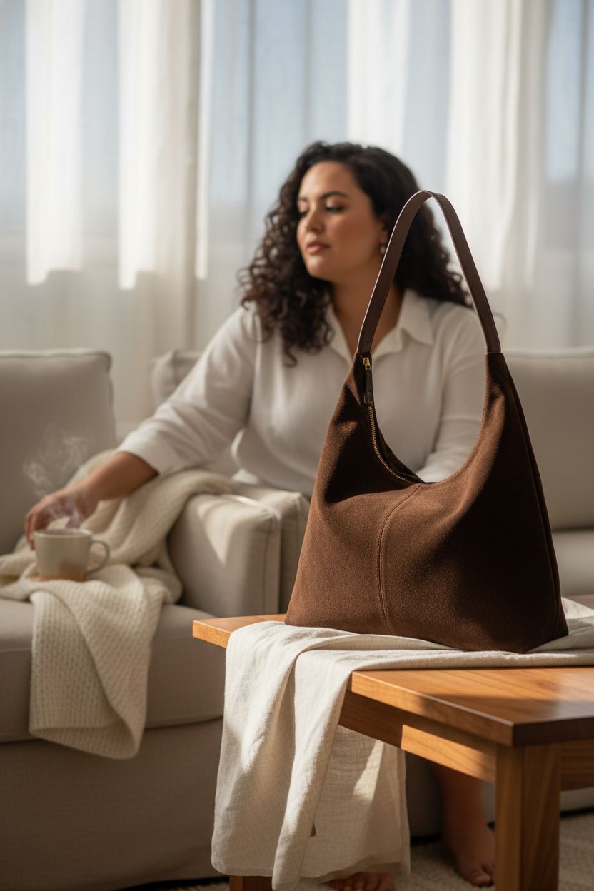 Cozy reading nook featuring Jusavie crescent bag beside a steaming mug and soft textiles.