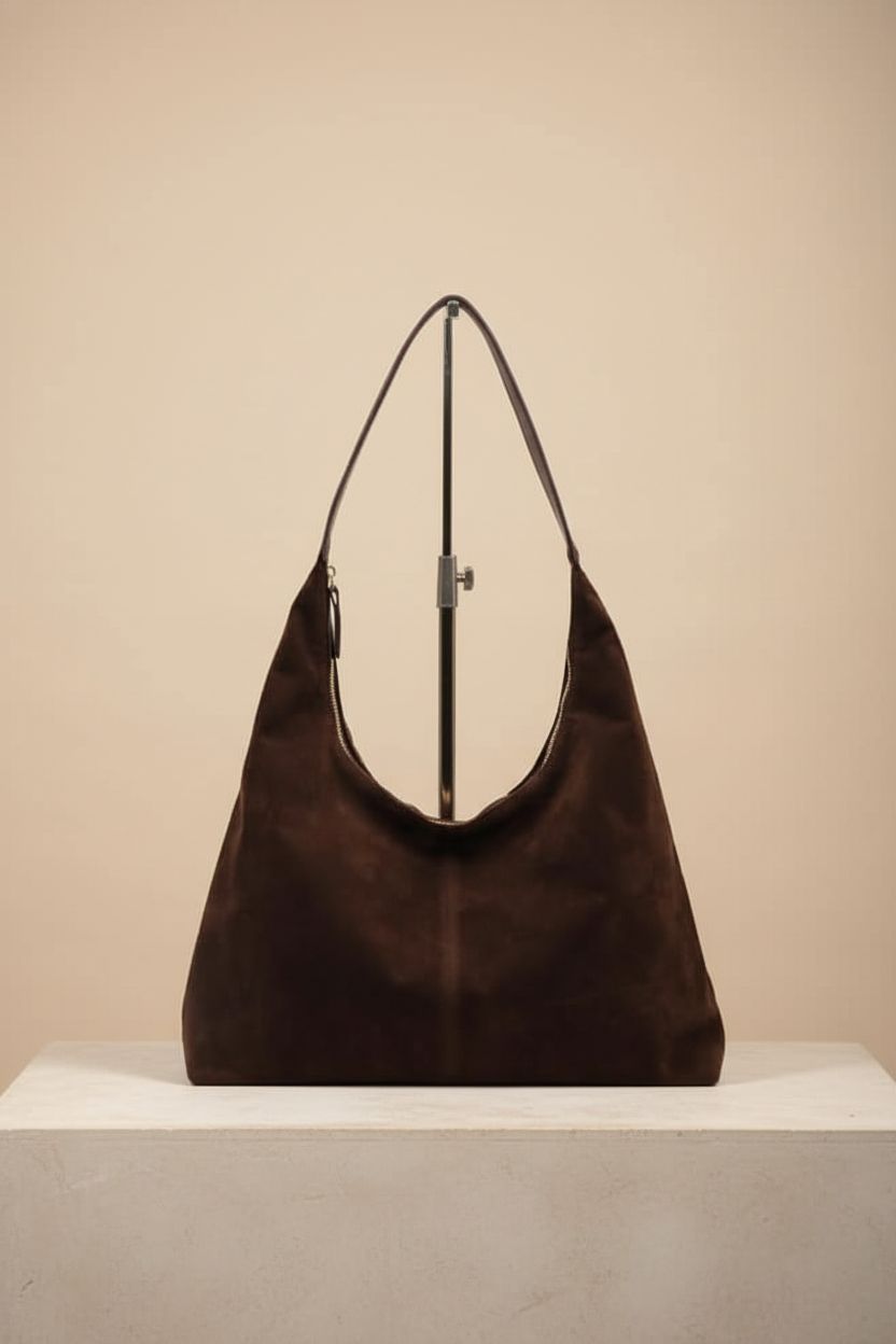 Close-up of Jusavie suede crescent shoulder bag showcasing its elegant design and texture.