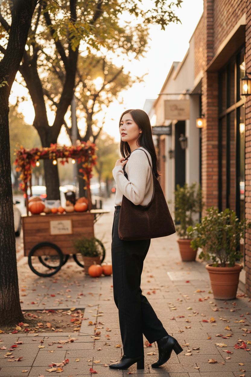 Trendy suede crescent shoulder bag by Jusavie, styled against autumn leaves and warm storefronts.