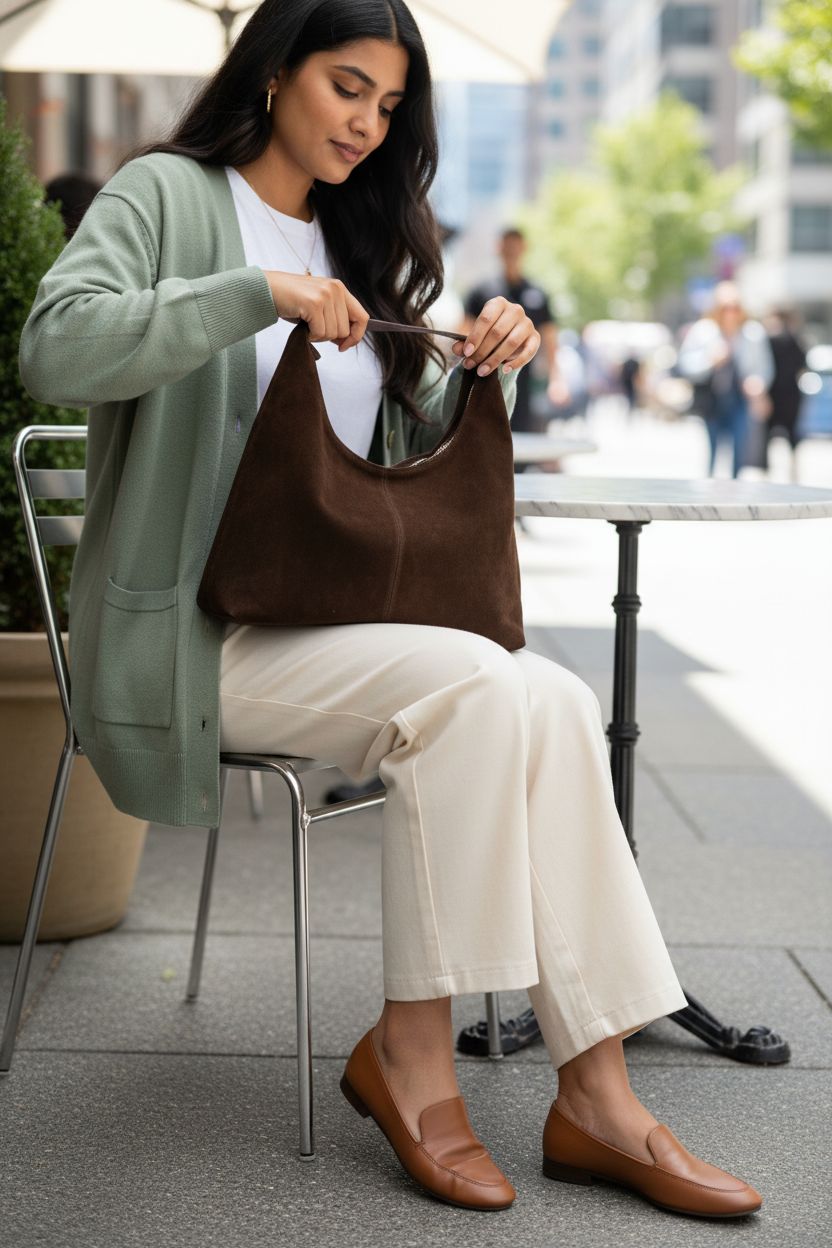 Jusavie dark suede crescent bag resting on a lap at a café, perfect for everyday essentials.