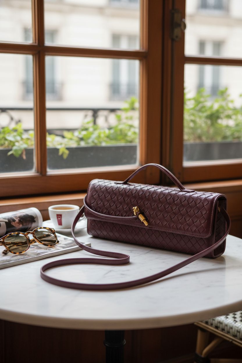 Upbull woven bag in burgundy resting on a marble table with coffee and magazine, ideal for café outings.