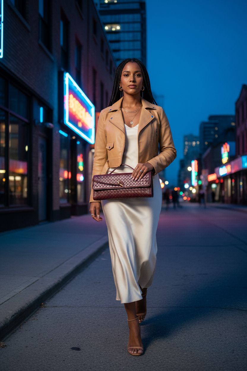Upbull trendy woven evening clutch purse in burgundy underarm style, set against a stylish rooftop bar scene.