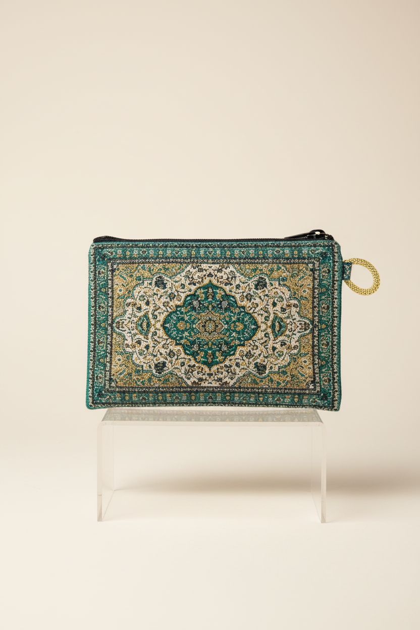 Front view of AIntl green tapestry pouch purse on a clear riser, highlighting its beautiful design.