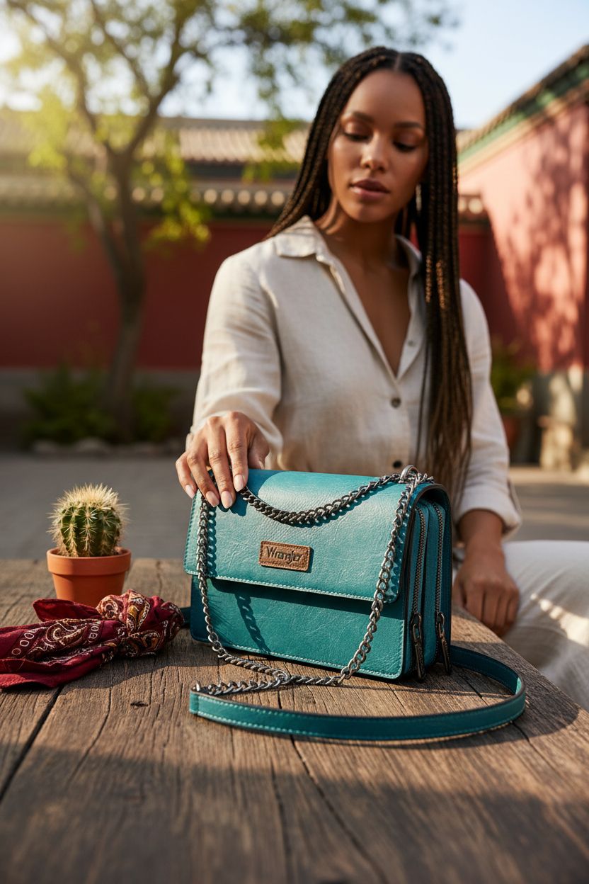 Turquoise Wrangler bag resting on a table beside a cactus in a sunlit courtyard