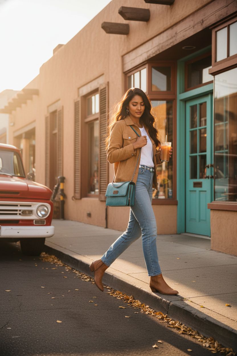 Turquoise Wrangler crossbody bag with chain strap against a Southwestern backdrop