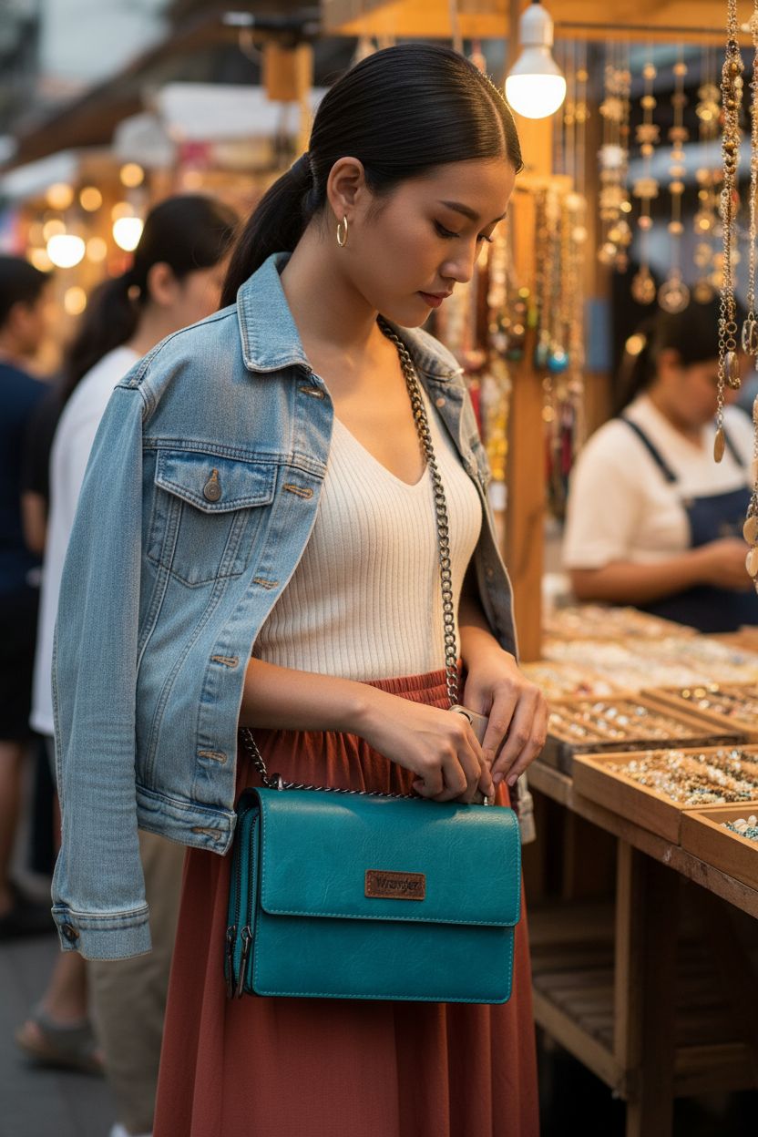Trendy turquoise Wrangler purse at a vibrant market with jewelry stalls