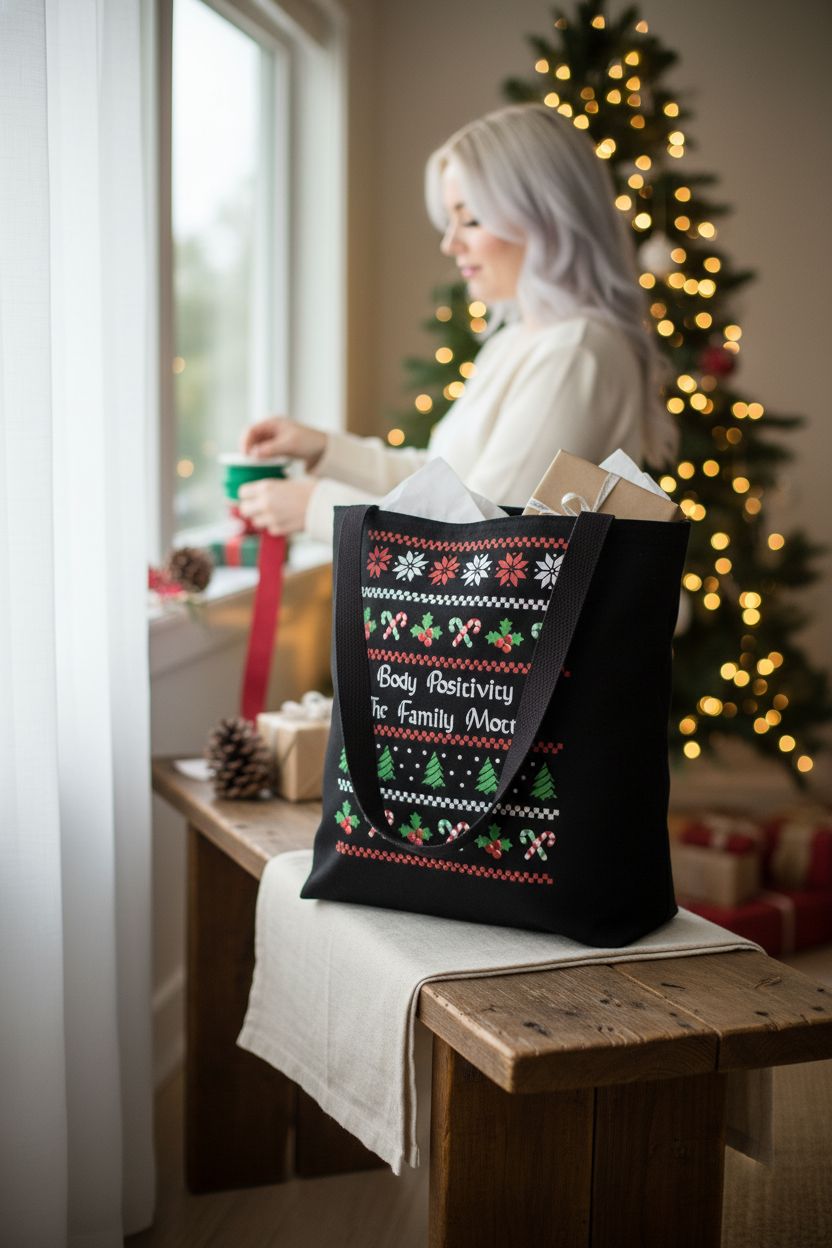 Black tote bag on a cozy wooden bench with holiday decor, Body Positivity design