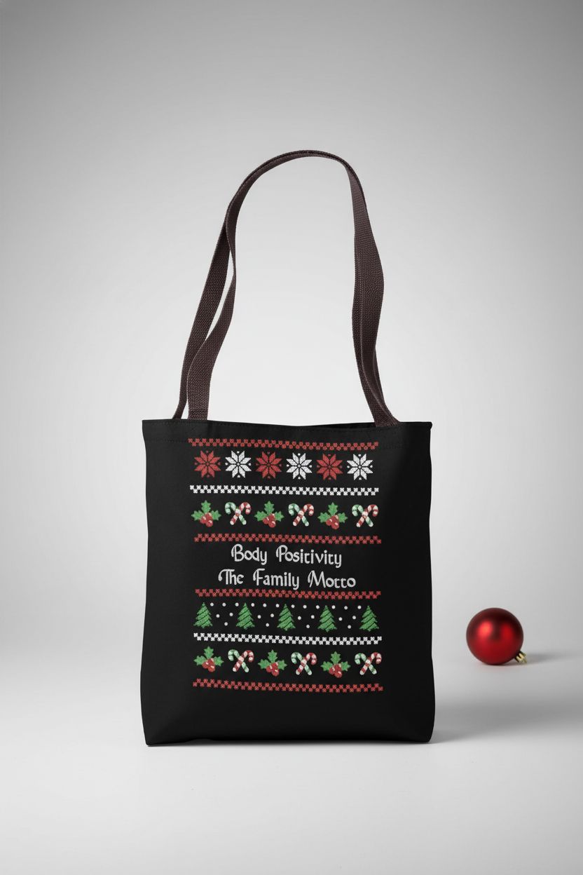Pristine black tote with red/green graphic on grey studio backdrop, Body Positivity
