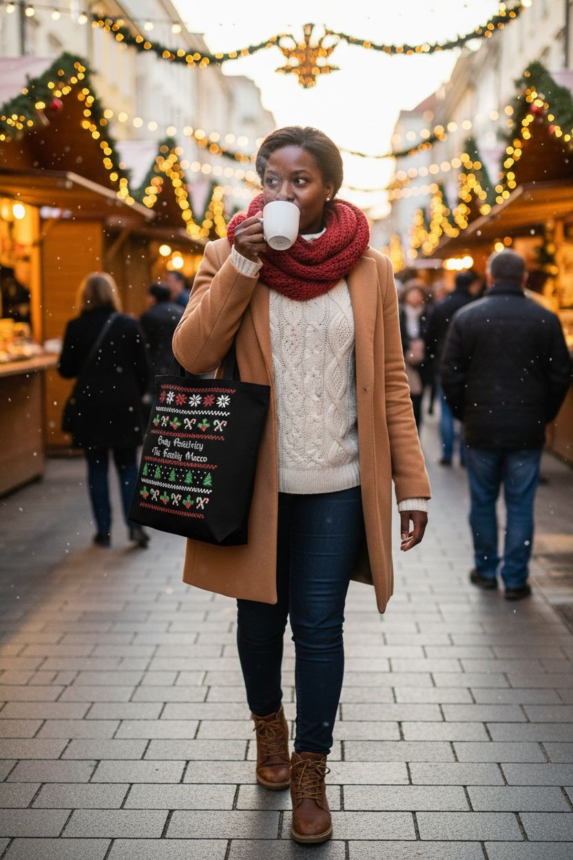 Festive black tote bag with red and green holiday design at a market, Body Positivity
