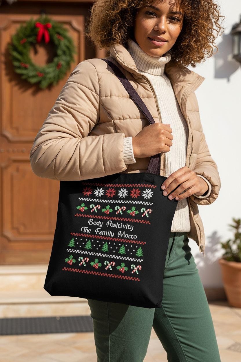 Stylish black tote with knit-like print displayed on a porch, Body Positivity design