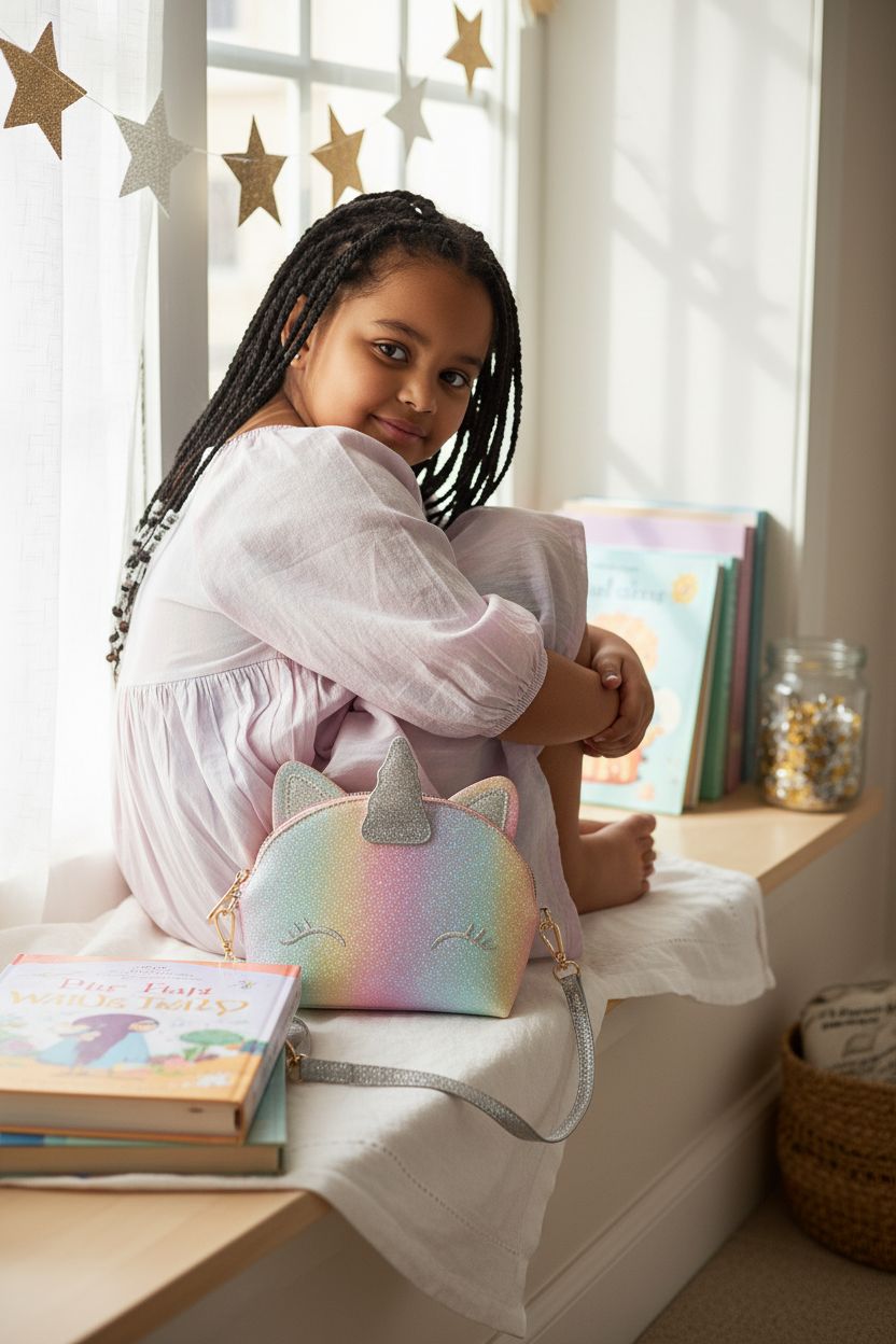 Mibasies unicorn purse on a birch bench, cozy reading nook with storybooks