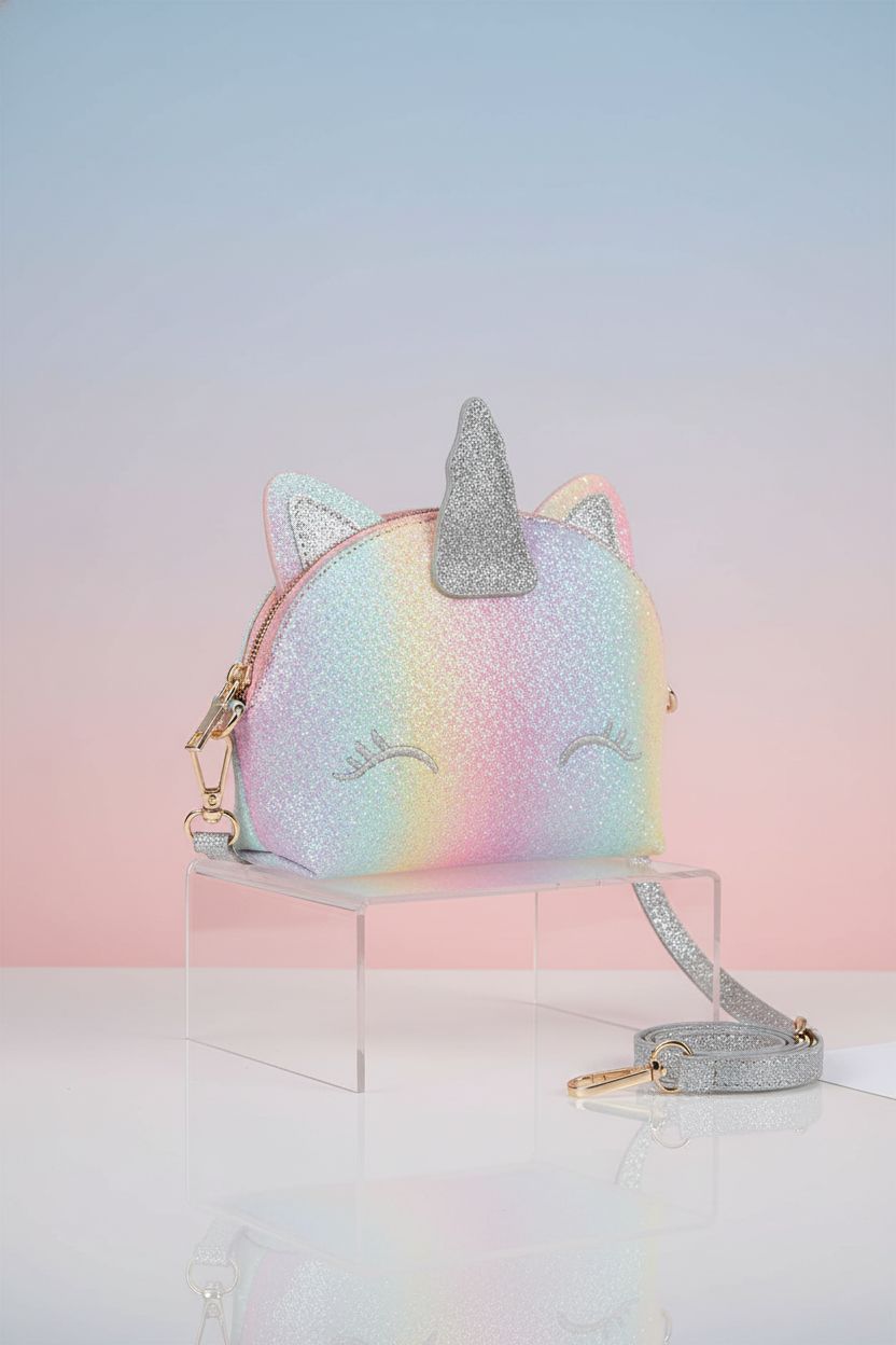 Mibasies unicorn purse showcased on clear acrylic riser with pastel backdrop