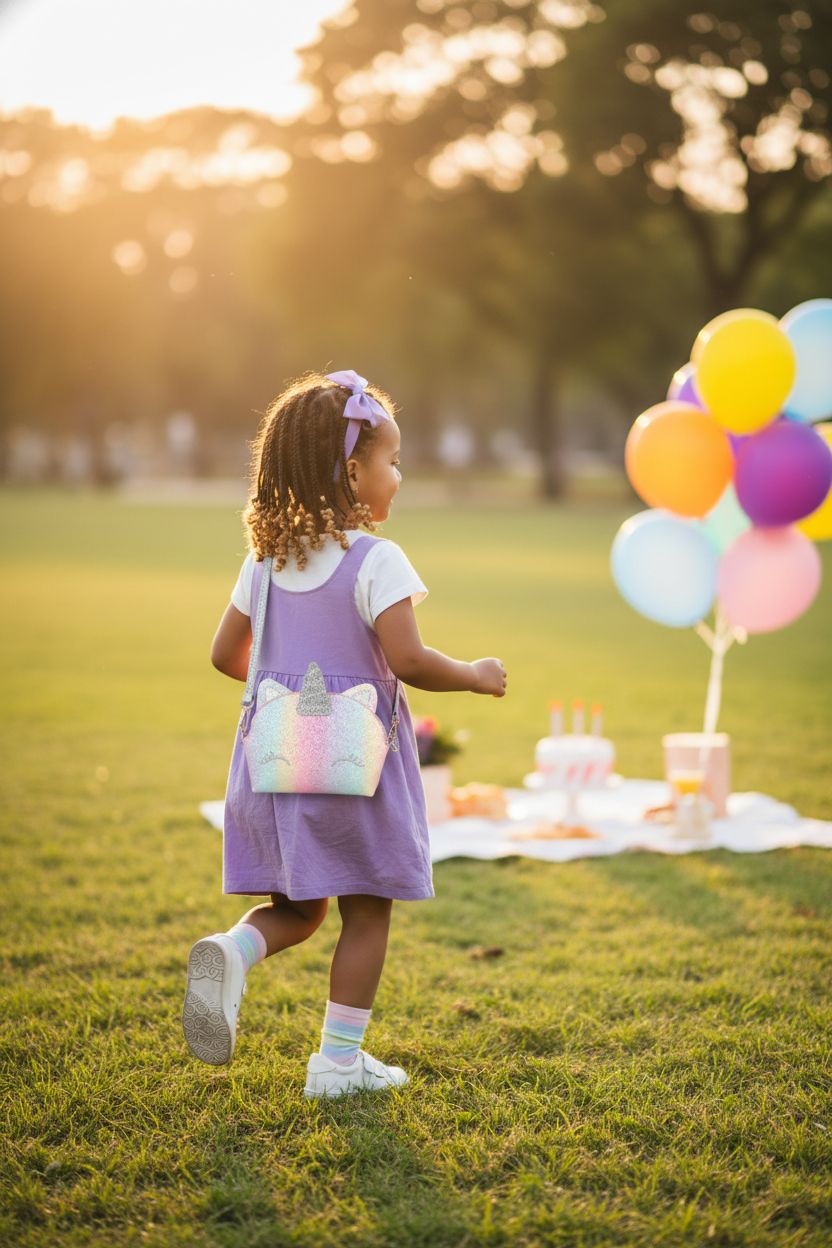 Little girl running in a park with a mibasies unicorn purse, pink and glittery