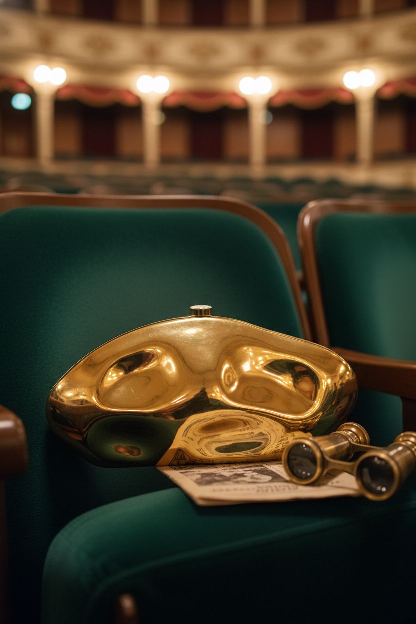Gold acrylic purse by NEWROGENG resting on emerald velvet seat, perfect for theater events.