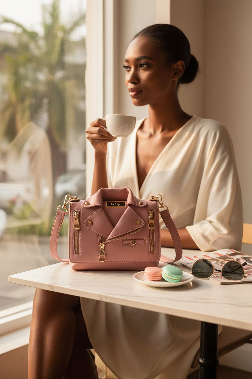 Sfly jacket-inspired satchel purse on a marble table with fashion magazine and macarons