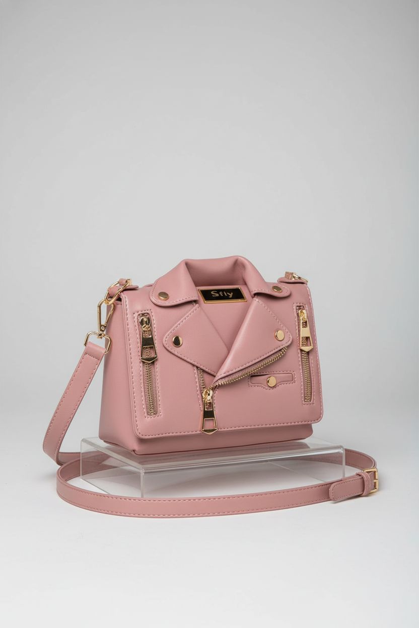 Sfly unique leather satchel handbag displayed on an acrylic riser for a sleek look