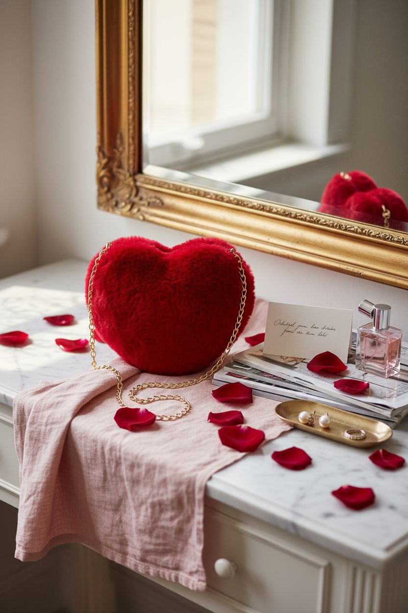 Miayon heart-shaped faux fur purse surrounded by rose petals and perfume, creating a romantic vibe.