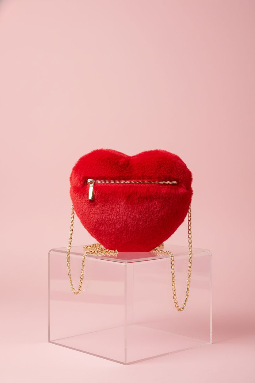 Miayon heart-shaped faux fur purse displayed on an acrylic cube, showcasing its plush texture and style.