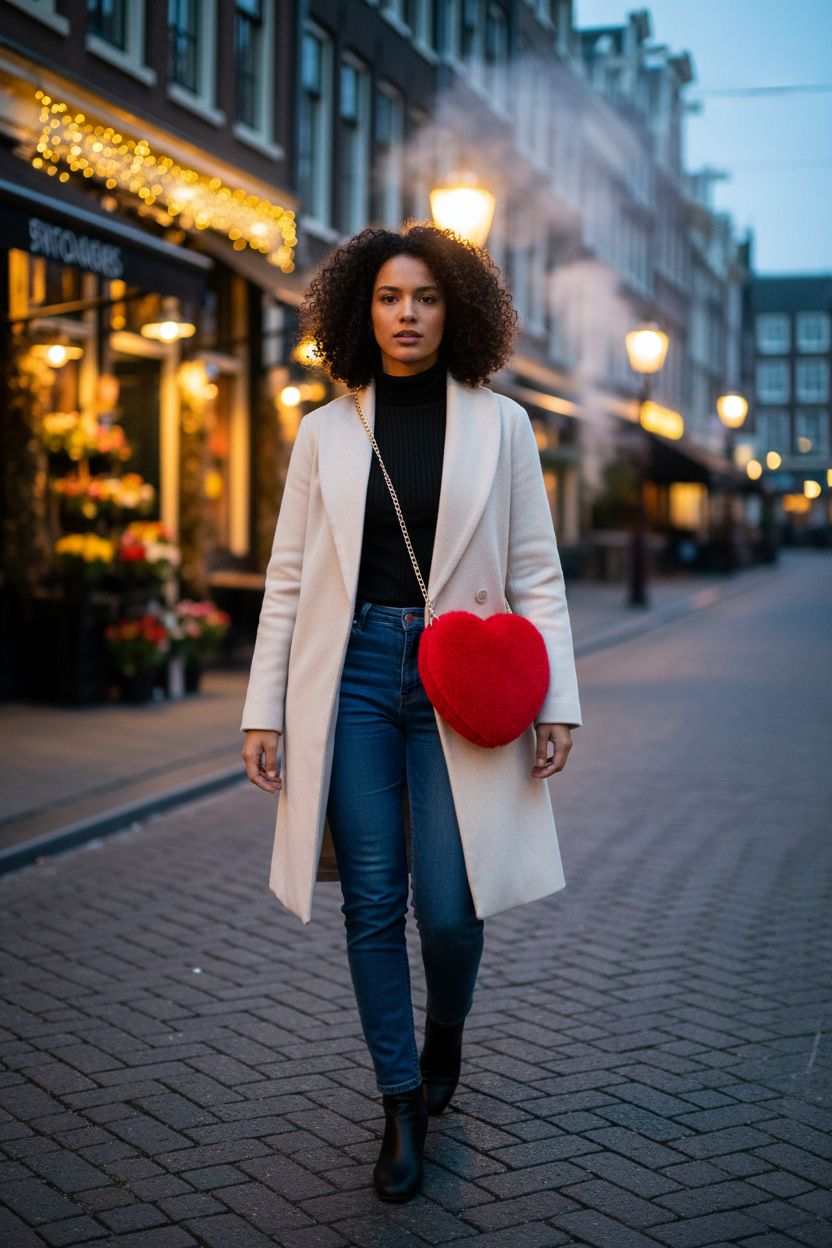 Miayon heart-shaped faux fur purse in red on a gold chain at a cozy café, perfect for Valentine's Day.