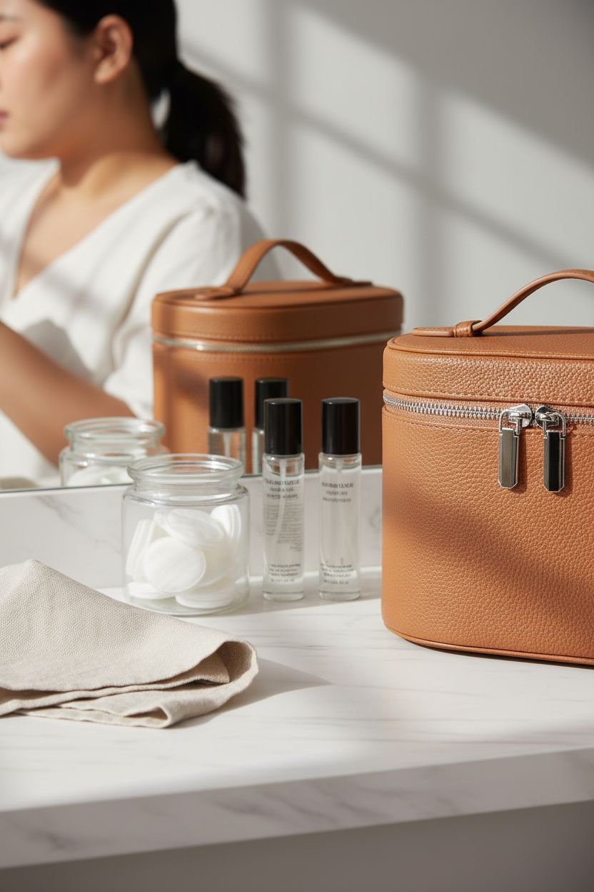 Closed honitty vanity bag on marble counter, evoking a serene morning skincare routine