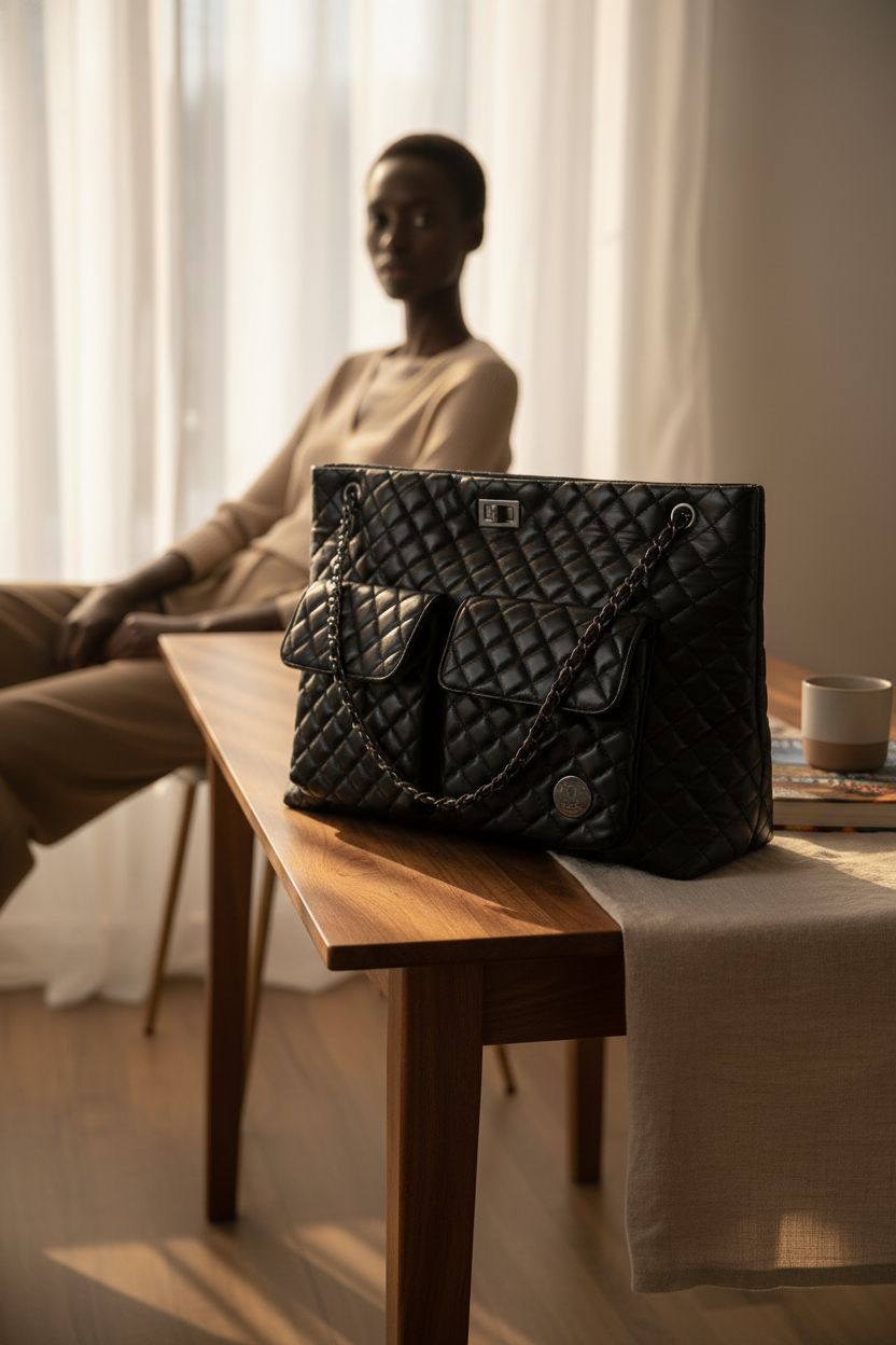 Badgley Mischka Diana Quilted Vegan Leather Weekender Duffel Bag resting elegantly in a cozy hotel nook.