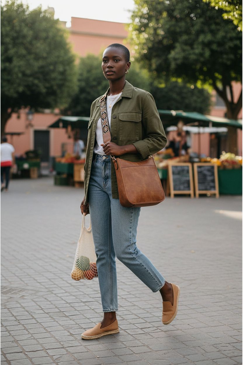 BOSTANTEN brown vegan leather hobo crossbody bag contrasting with olive and white outfit in market setting