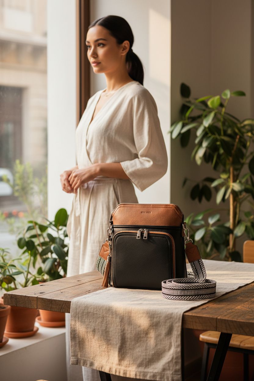Roulens crossbody purse elegantly placed on a sunny café table with plants.