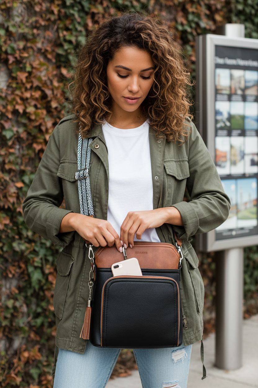 Roulens vegan leather crossbody bag showcased against a vine-covered wall.