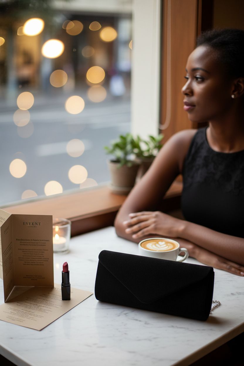 Cozy café scene featuring iSbaby's black velvet clutch, perfect for stylish outings.
