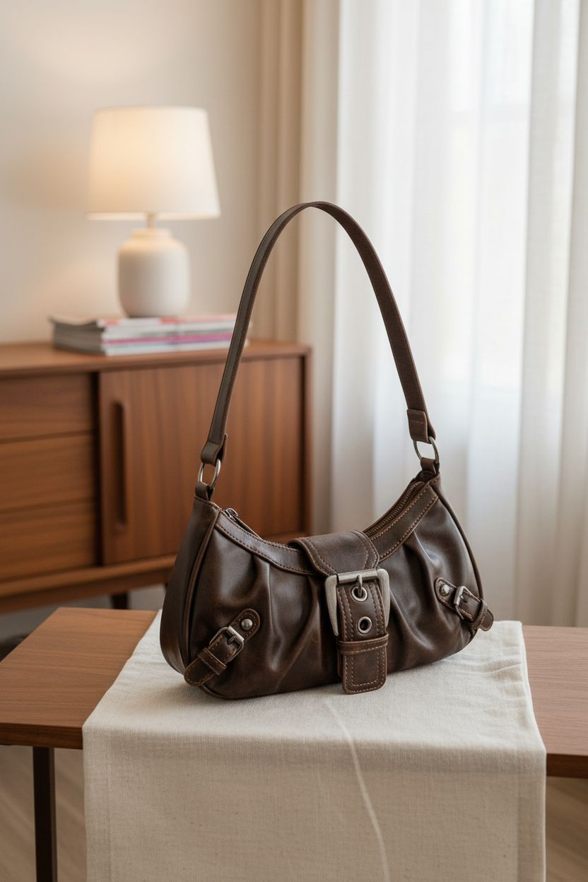 Verdusa vintage bag resting on a cream linen runner in a cozy mid-century nook