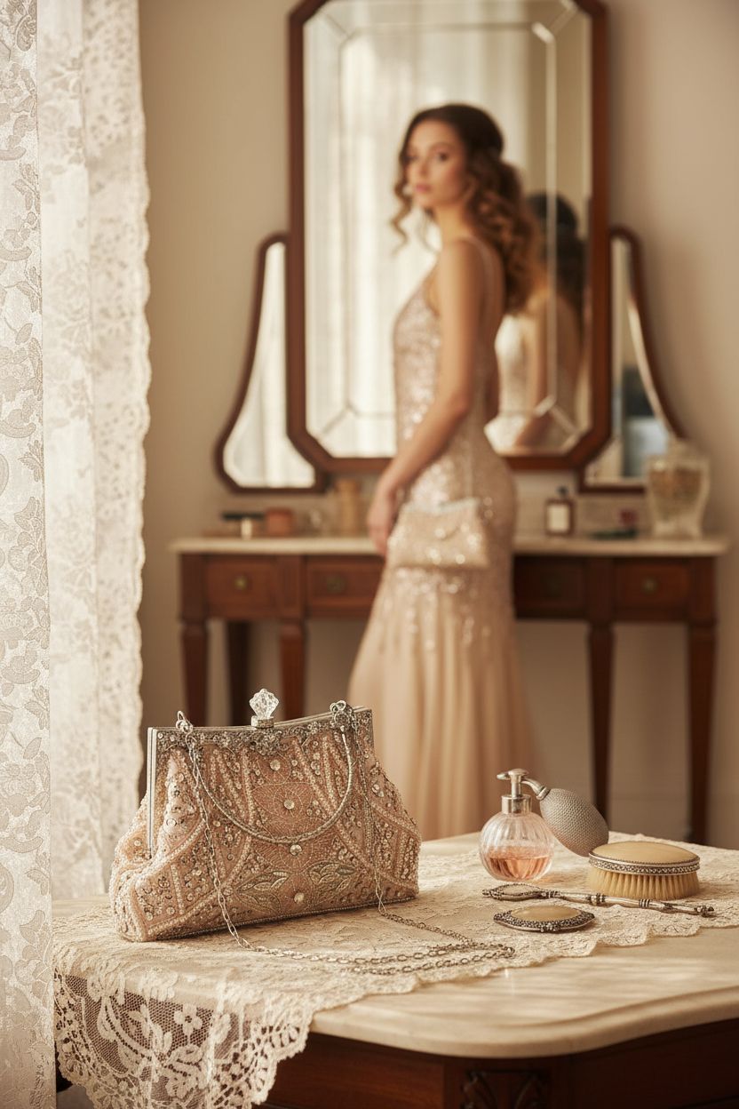 Amylove light pink beaded clutch elegantly displayed on an antique vanity, highlighting its exquisite design.