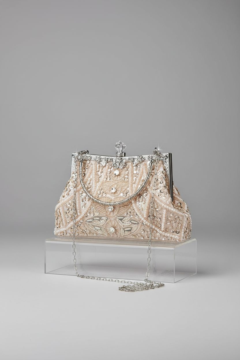 Amylove light pink vintage beaded clutch on a modern backdrop, emphasizing its detailed craftsmanship.