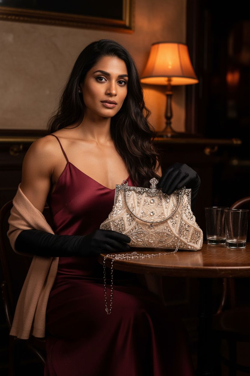 Amylove light pink beaded clutch showcasing intricate beadwork in a chic speakeasy atmosphere.