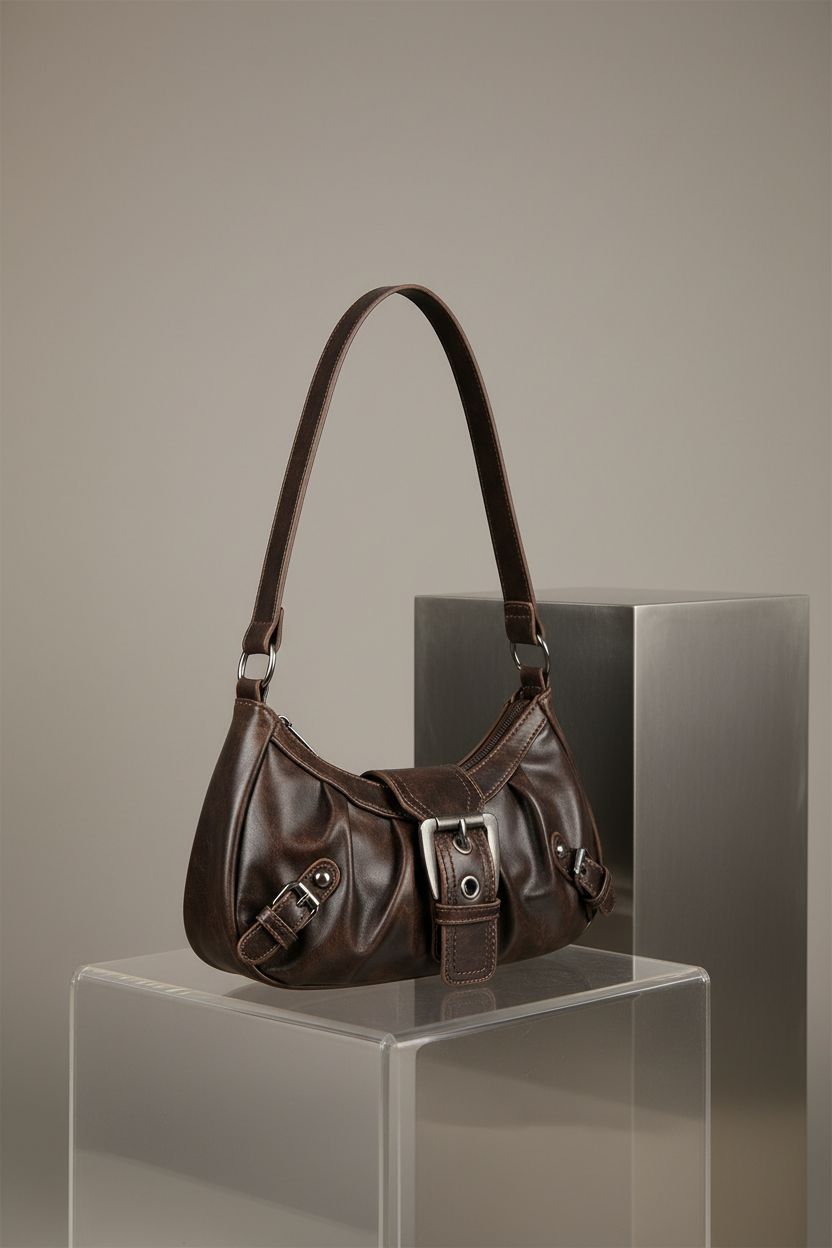 Product shot of Verdusa goth shoulder bag on a sleek pedestal, highlighting craftsmanship and design details.