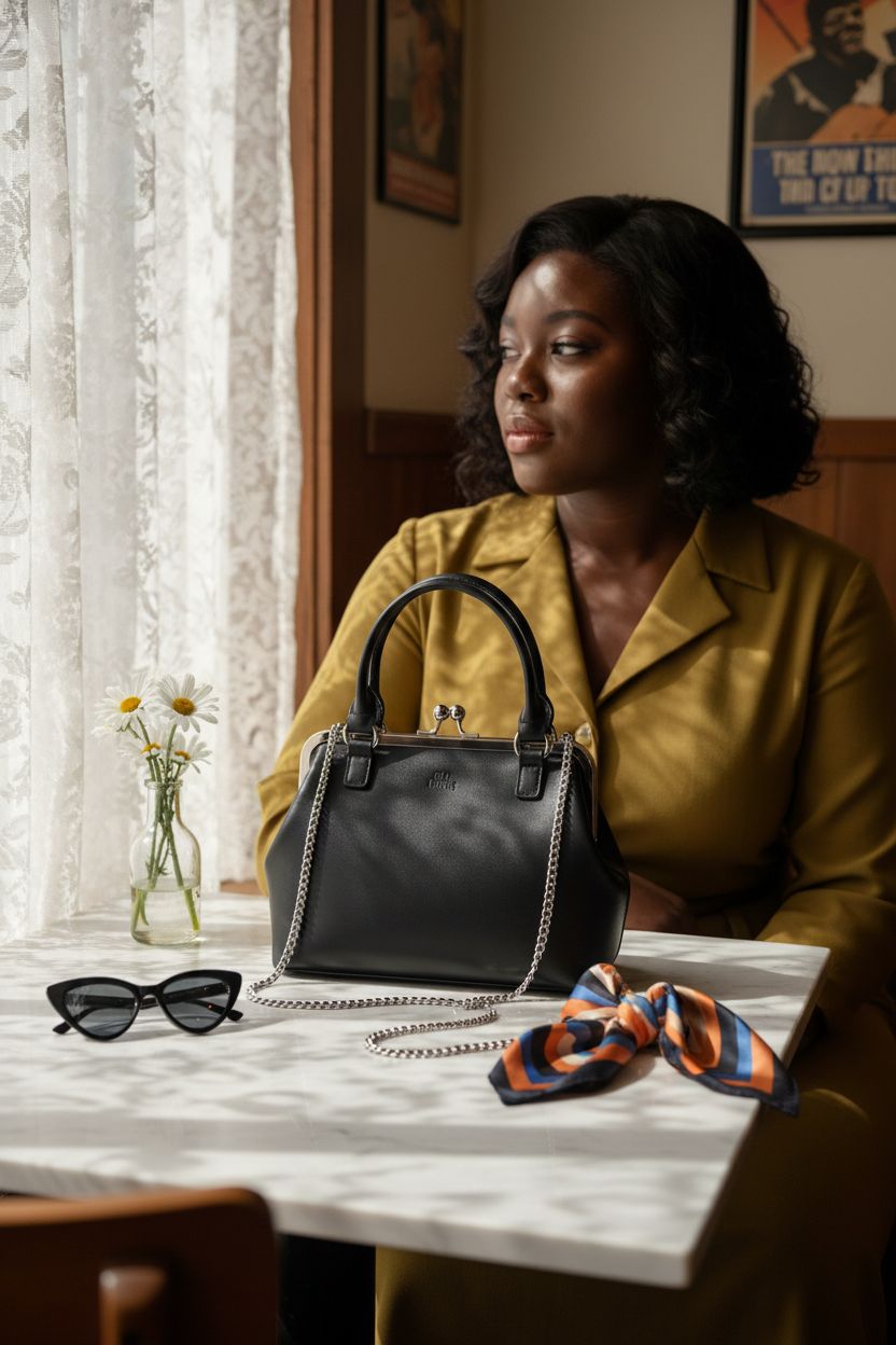 GM LIKKIE vintage 1950s black kiss-lock handbag on a cafe table with decor