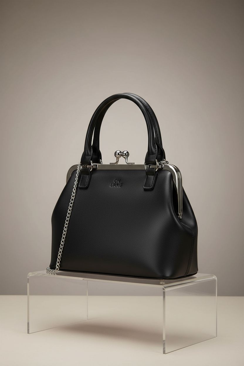 GM LIKKIE vintage 1950s black kiss-lock handbag on an acrylic display