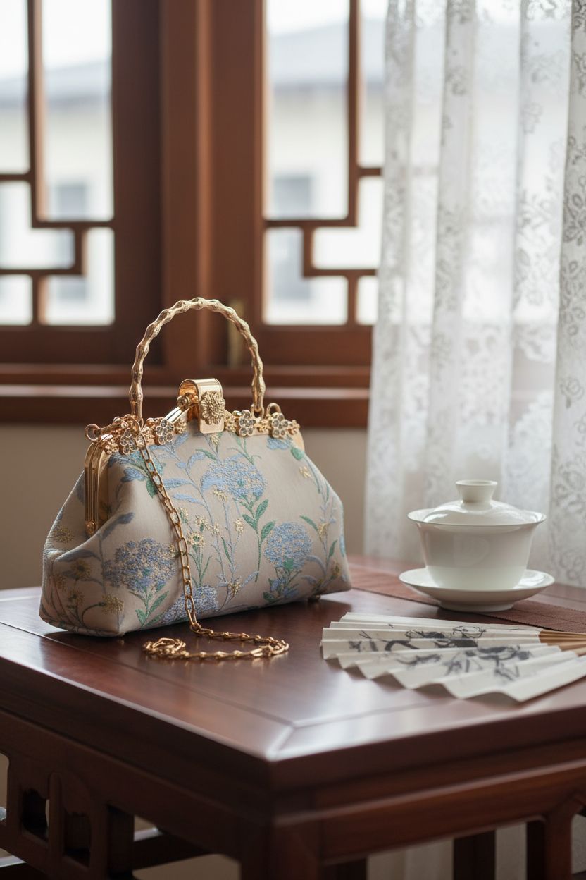 YeBon vintage handbag on a dark rosewood table, accented by porcelain and silk, creating a serene atmosphere.