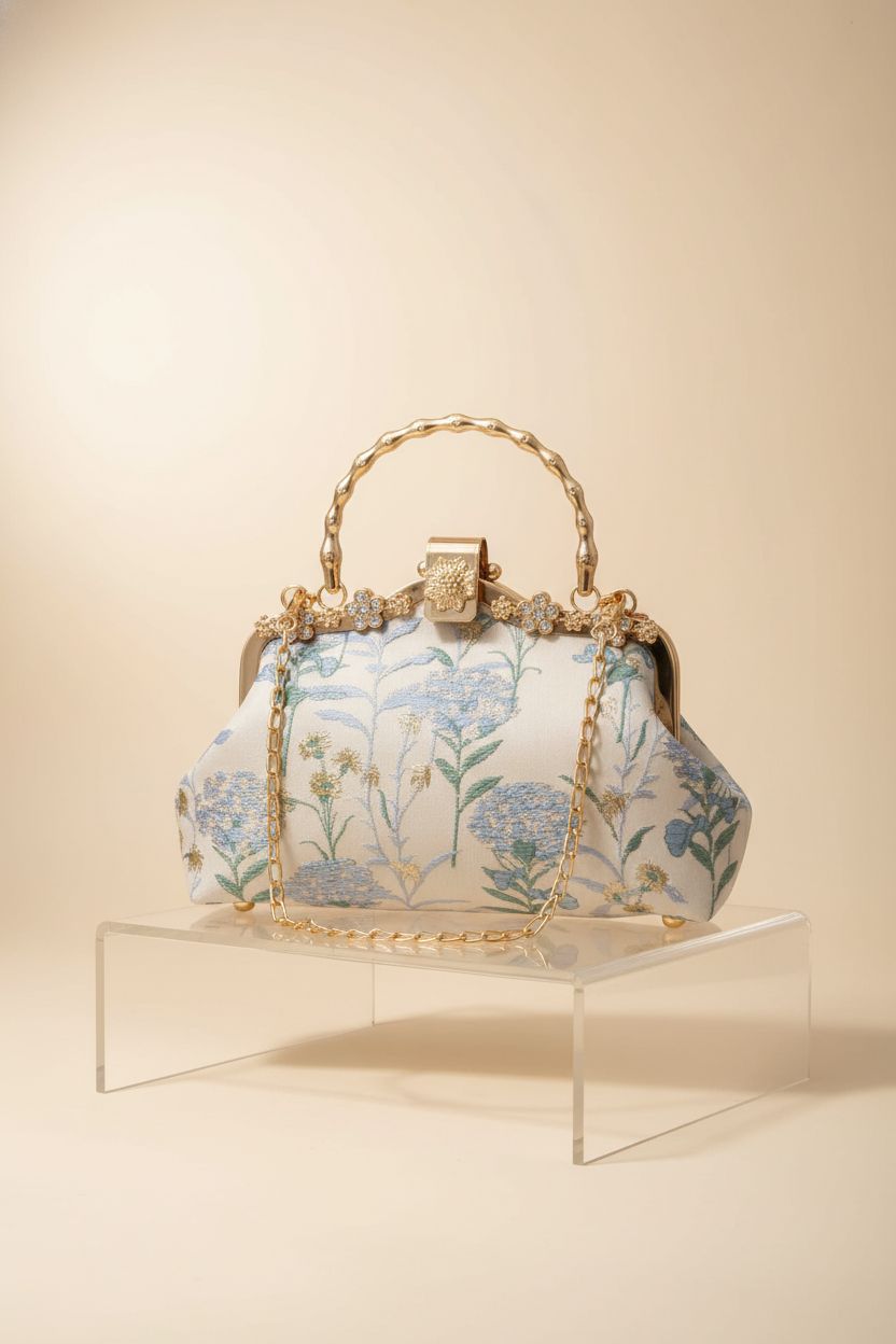 YeBon vintage handbag showcased on an ivory backdrop, featuring exquisite embroidery and gold accents.