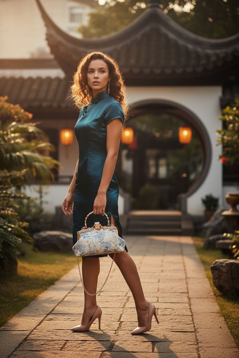 YeBon vintage handbag with ornate top handle in historic courtyard, showcasing Chinese embroidery.