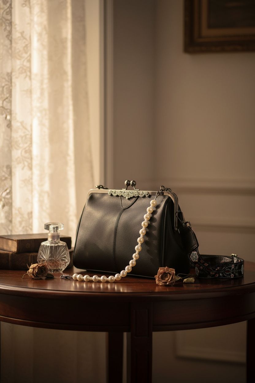 CIVECHOL vintage leather purse resting on a polished table among antiques, highlighting its unique craftsmanship.