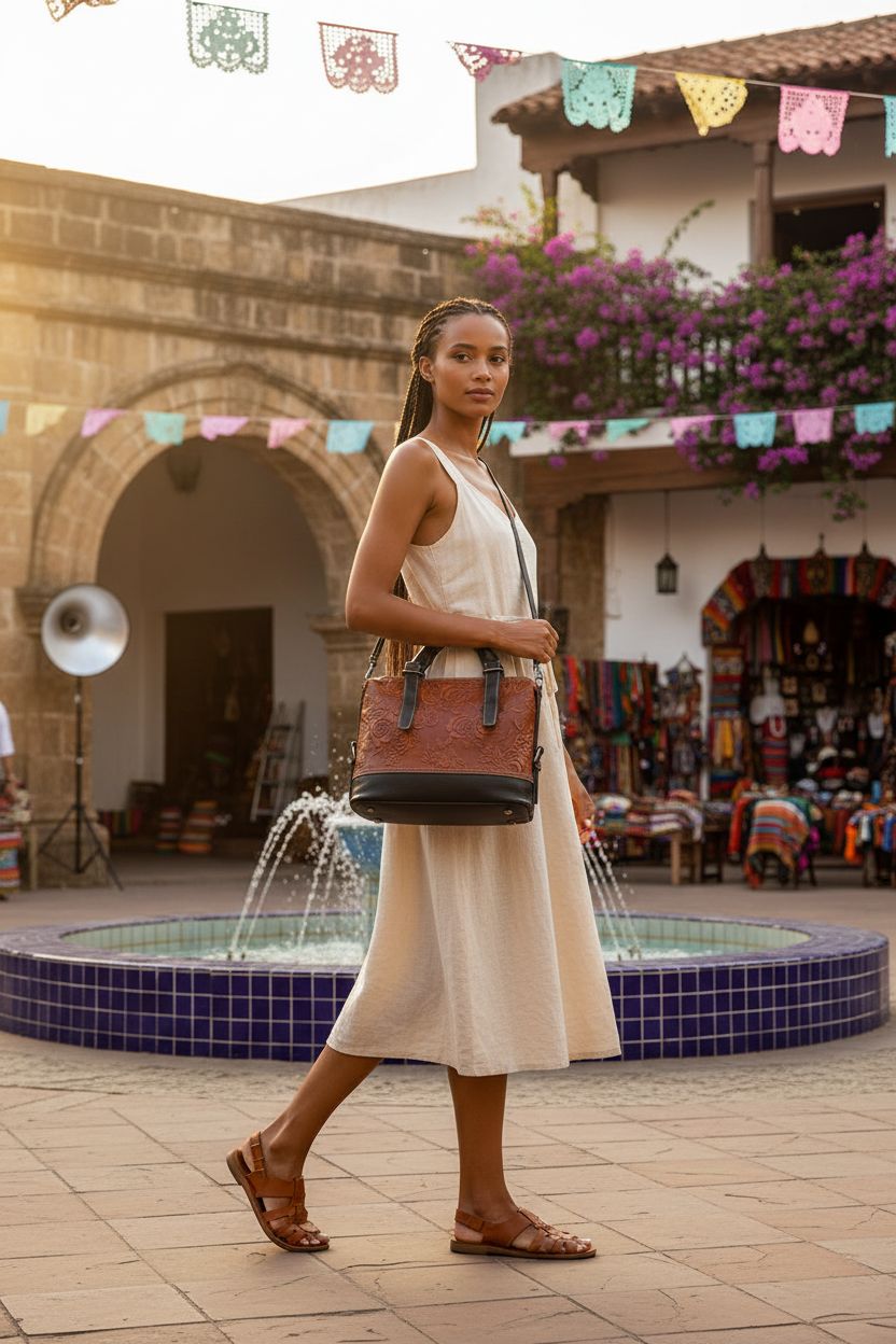 Vintage Mexican leather purse with embossed roses, stylishly worn crossbody in a sunlit plaza, by VRHUIS.