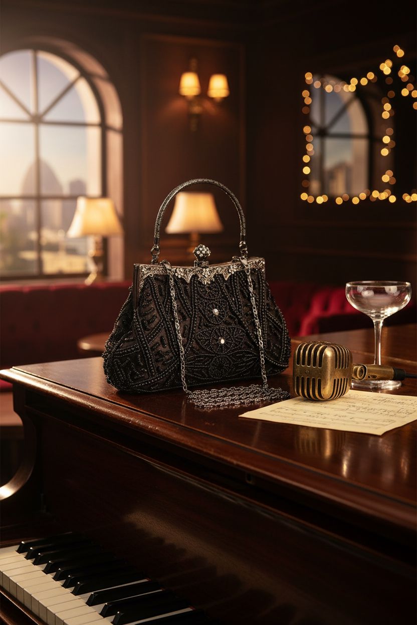 Selighting 1920s vintage beaded clutch on a grand piano, showcasing its elegant design.