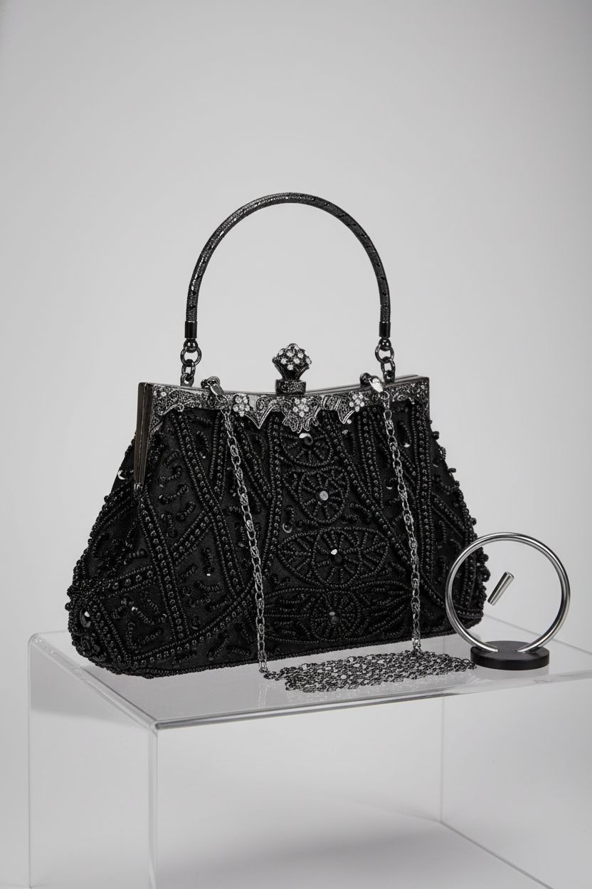 Selighting 1920s beaded clutch with detailed beadwork and shiny rhinestone clasp.