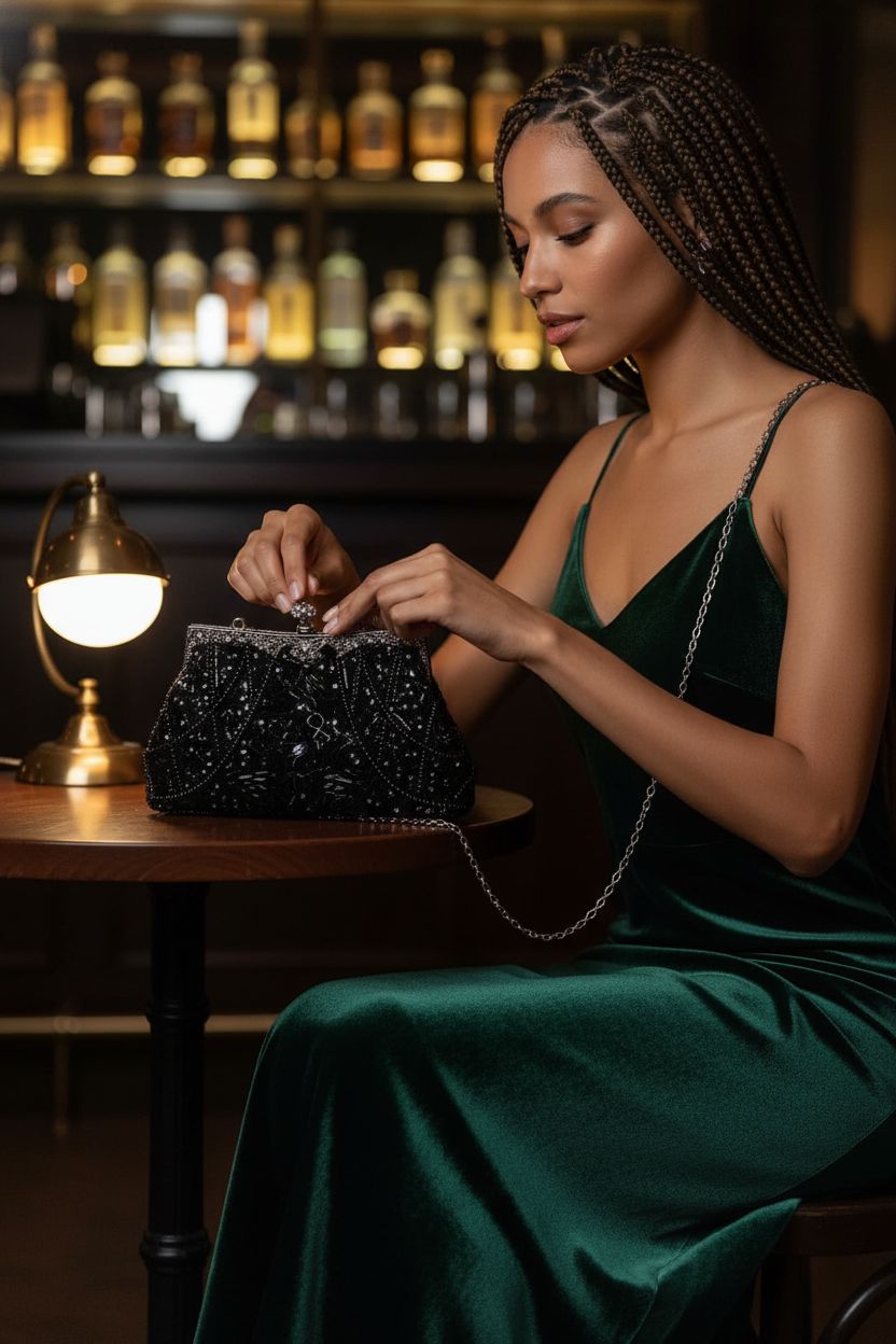 Selighting 1920s vintage beaded clutch with kiss-lock clasp, elegant black design.