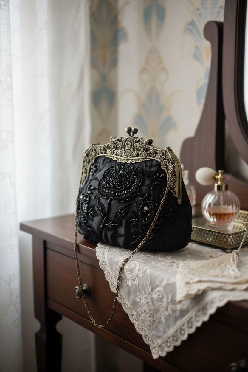 HeiDmai vintage beaded bag on an antique vanity, showcasing its elegant design and craftsmanship.