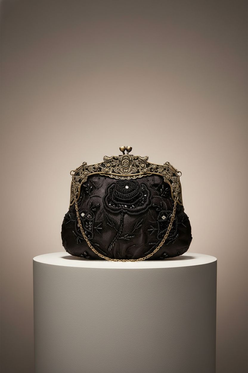 HeiDmai vintage black beaded handbag, showcasing its intricate floral bead texture and elegant clasp.